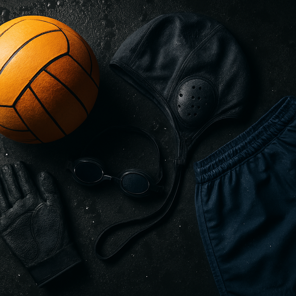 Equipamiento de waterpolo: guantes, gorros, balón